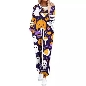 Women s Round Neck Long Sleeve Suit Halloween Printed Casual Suit Long Pants With Pockets XXL