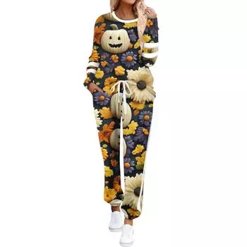 Women s Round Neck Long Sleeve Suit Halloween Printed Casual Suit Long Pants With Pockets XL кофейный