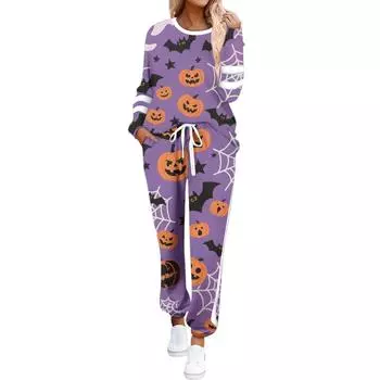 Women s Round Neck Long Sleeve Suit Halloween Printed Casual Suit Long Pants With Pockets M фиолетовый