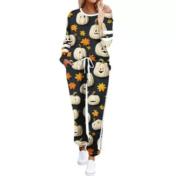 Women s Round Neck Long Sleeve Suit Halloween Printed Casual Suit Long Pants With Pockets L