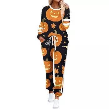 Women s Round Neck Long Sleeve Suit Halloween Printed Casual Suit Long Pants With Pockets M
