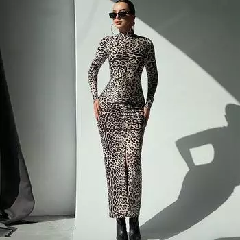 Женское платье с круглым вырезом, длинным рукавом, обтягивающее, с разрезом на бедрах, сексуальное, повседневное, модное, с леопардовым принтом S цветной печати леопарда