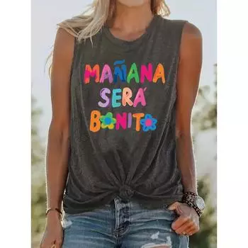 Women s round neck loose sleeveless T-shirt, a large streetwear with the words morning, casual, and summer printed on it S