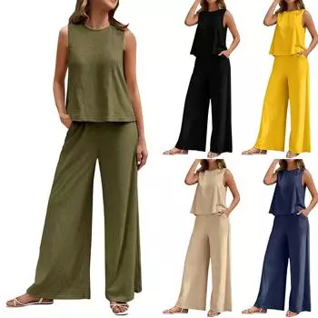 Женский универсальный свободный повседневный комплект без рукавов с круглым вырезом, комплект из двух предметов L