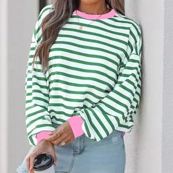 Women s Round Neck Striped Print Long Sleeve Loose T-shirt Top XXL