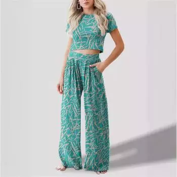 Женские брюки с круглым вырезом, повседневный костюм с принтом S изумрудный