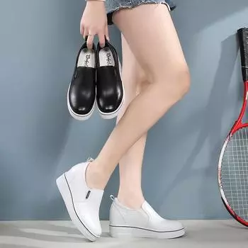 Женская милая женская повседневная обувь из натуральной кожи с круглым носком, лоферы на высоком каблуке, женская обувь на плоском каблуке, увеличивающая рост 34 белый