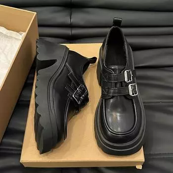 Women s Round Toe Leather Chunky Heels Pumps Woman Ankle Boots Footwear British Style Buckle Platform Shoes Thick Heel Loafers 35