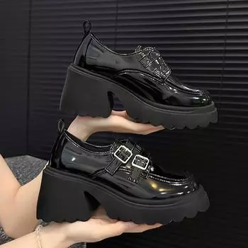 Women s Round Toe Leather Chunky Heels Pumps Woman Ankle Boots Footwear British Style Buckle Platform Shoes Thick Heel Loafers 35