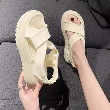 Women s Sandals Casual 2024 Summer Straight Buckle Open Toe Rubber Sole PU Solid Beach Fashion Women 35 бежевый