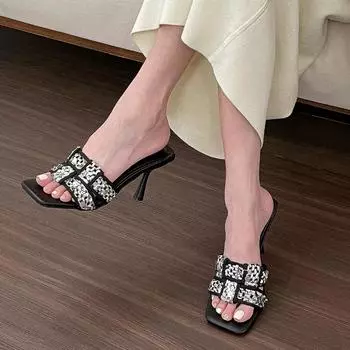 Women s Sandals Casual High Heels Open Toe Square Toe Slippers Fashion Color Matching Shallow Mouth Summer Ladies Slippers 35-40 35 чёрный