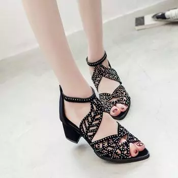 Women s Sandals Fashionable Rhinestone Fish Mouth 2024 Summer New Hollow-out Large Size Chunky High Heels Midheel Sandals 35 абрикосовый