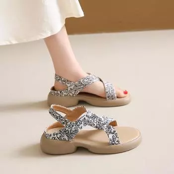 Women s Sandals Low Wedge Walking Toe Strap 2024 Summer Soft Leather Beach Slippers Dressy Ankle Slippers 35 бежевый