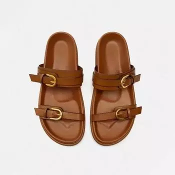 Женские сандалии с металлической пряжкой на плоской подошве, женские черные туфли на плоской подошве с открытой пяткой, женские летние туфли с круглым носком и ремешками, тапочки 35