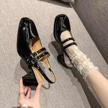 Женские босоножки на среднем каблуке Босоножки на каблуке Женские сексуальные босоножки на квадратном каблуке Босоножки с пряжкой Высокий каблук zapatos mujer 35 чёрный