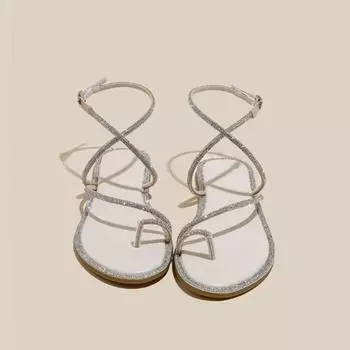 Женские сандалии летние плоские со стразами мягкая подошва универсальные женские туфли ремешок на щиколотке пряжка клип носок сандалии женские 35 абрикосовый