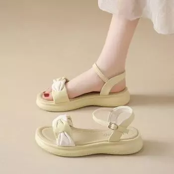 Women s sandals summer new buckle color matching bow women s shoes fairy wind soft sole non-slip Roman heightening platform sandals 35 бежевый