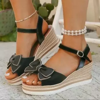 Women s Sandals Wedge Heel One-line Buckle Butterfly-knot Heels Women Leisure Large Size 7.5cm Heel High 2025 Sandalias De Mujer 35 покинуть белый