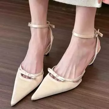 Женские сандалии с заостренным ремнем с пряжкой-бантом на щиколотке и модные женские сандалии из шёлка 2024 года в летнем платье 35 шампанского