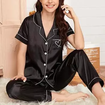 Women s Satin Pocket Heart Embroidered Sleepwear Pajamas Set Autumn Short Sleeve Button Pyjama Femme Loungewear S синий