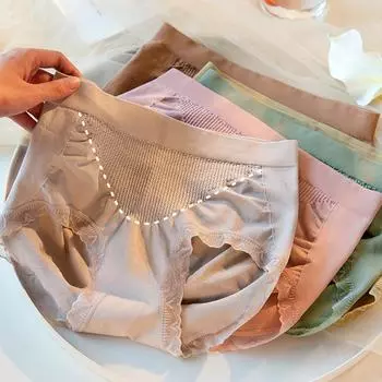 Women s seamless plus size mid high waisted Briefs lace trimmed honeycomb triangle underwear Panties One Size абрикосовый света