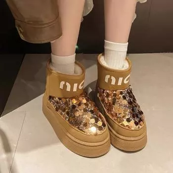 Women s Selling Thick-soled Snow Boots Sequin Cloth Wool Lining Women s Fashion Boots Low Heel Sleeve Round Toe Winter New Style 35 покинуть белый