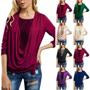 Женский сплошной цвет с блестками и длинным рукавом, большой воротник с подвеской, свободный топ из двух частей с завязками L чёрный