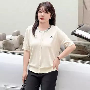 Women s Sequined Round-neck Top Short-sleeved Summer Loose Knitted Sweater XL чёрный