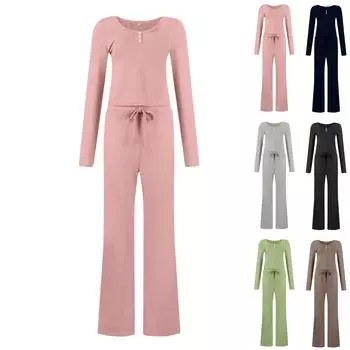 Women s Set Two Piece Long Sleeve Cropped Tops Matching Flare Pants Sets Casual L чёрный