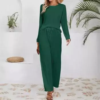 Женские комплекты свободного покроя из трикотажного жаккарда с длинными рукавами и круглым вырезом, брюки с высокой талией и завязками L чёрный