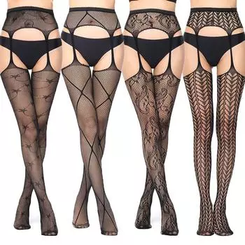 Women s Sexy Crotchless Fishnet Suspender Stockings with Eye Jacquard Design - Style 7501 One Size, Standard (White Card + OPP)