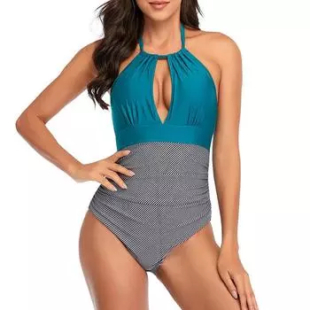 Women s Sexy Hollow Out Swimsuit Halter Bikini Beach Swimsuit Backless Swimming Suit S синий