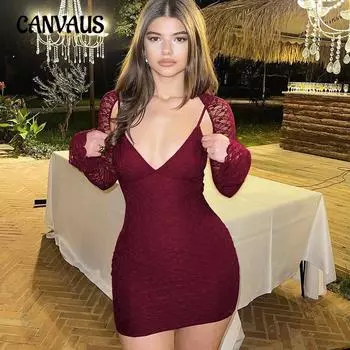 Женское сексуальное кружевное платье-халтер с разрезом, красное, чистое, похотливое, приталенное, с V-образным вырезом, платья в стиле знаменитостей S бордовый