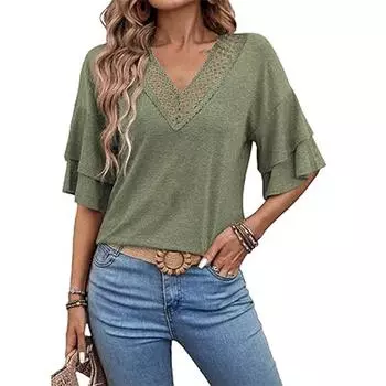 Женские сексуальные кружевные V-образные вырезы с оборками на рукавах Модная женская одежда Футболки женские S белый