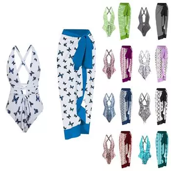 Женский сексуальный цельный купальник со змеиным принтом, комплект с длинной юбкой L синий