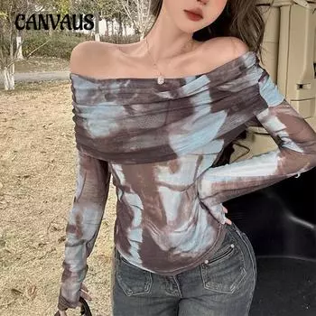 Женская сексуальная прозрачная рубашка на одно плечо с принтом тай-дай и длинным рукавом One Size хаки