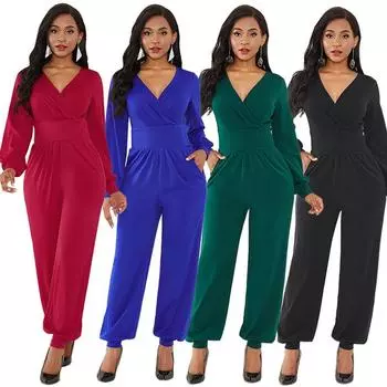 Women s Sexy V-Neck Lantern Sleeve Wide-Leg Jumpsuit - Autumn/Winter Fashion