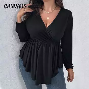 Women s Sexy V Neck Waist Slimming Knit Solid Color Elastic Waist Long Sleeve Top 1XL чёрный