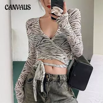Женская сексуальная рубашка с длинным рукавом и принтом зебры с V-образным вырезом и длинными рукавами S зебра