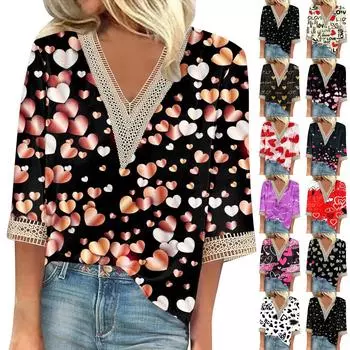 Женская рубашка Блузка Повседневные свободные рубашки Рукав 3/4 Кружевная отделка Сердце Принт V-образный вырез Топы с принтом Футболки Футболка L чёрный