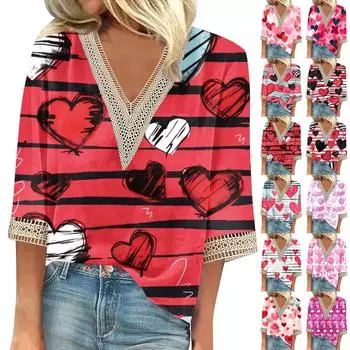 Women s Shirt Blouse Casual Loose Shirts 3/4 Sleeve Lace Trims Valentine s Day Love Print V Neck Tops Print Tops T-shirts Tee L чёрный
