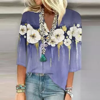 Women s Shirt Blouse Casual Loose Shirts 3/4 Sleeve Print V Neck Tops T-shirts Tee S фиолетовый