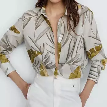 Женская рубашка, блузка, пуговицы с принтом, длинный рукав, повседневный базовый рубашечный воротник, обычный топ L хаки