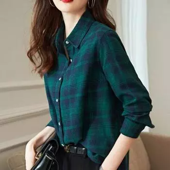 Women s Shirt New Spring Autumn Long Sleeve Single-breasted Polo-neck Casual Printing Plaid Office Lady Elegant Fashion Cardigan L
