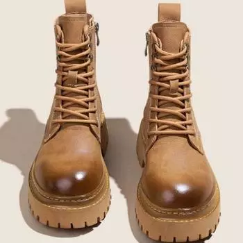 Women s Shoes 2024 Brand Side Zipper Women s Boots Fashion Cross Lacing Office and Career New Round Toe Rivet Mid-Calf Boots 35 жёлтый