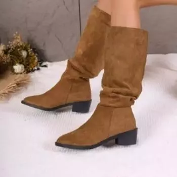 Women s Shoes 2024 Brand Winter Slip-on Women s Boots Knee-High Boots Women Sewing Pleated Pointed Toe Chunky Heel Shoes Female 35 чёрный