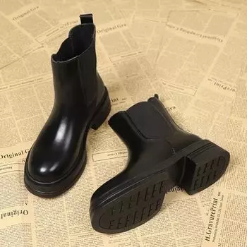 Women s Shoes 2024 Fashion Autumn Slip on Women s Boots Round Toe Solid Short Barrel Platform Water Proof Korean Style Boots 35 чёрный