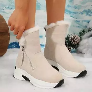 Women s Shoes 2024 Fashion Mid-Calf Women s Boots Warm Snow Boots Women Round Toe Side Zip Platform Outdoor Shoes Women Zapatos 35 бежевый