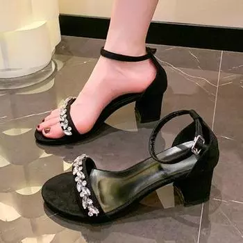 Women s Shoes 2024 Fashion Open Toe Ankle Strap Women s Sandals Summer Slingbacks Rhinestones Solid Dress Chunky Heels Sandals 35 чёрный