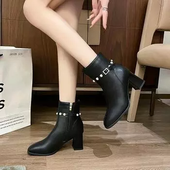 Women s Shoes 2024 Fashion Side Zipper Women s Boots Hot Sale Metal Decoration Office and Career New Belt Buckle Ankle Boots 34 чёрный